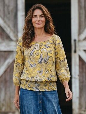 Michael Kors Paisley Butter And Heather Gray  Yellow Top With Smocking